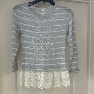 Gray and Cream Long Sleeve Striped Blouse with Lace Trim